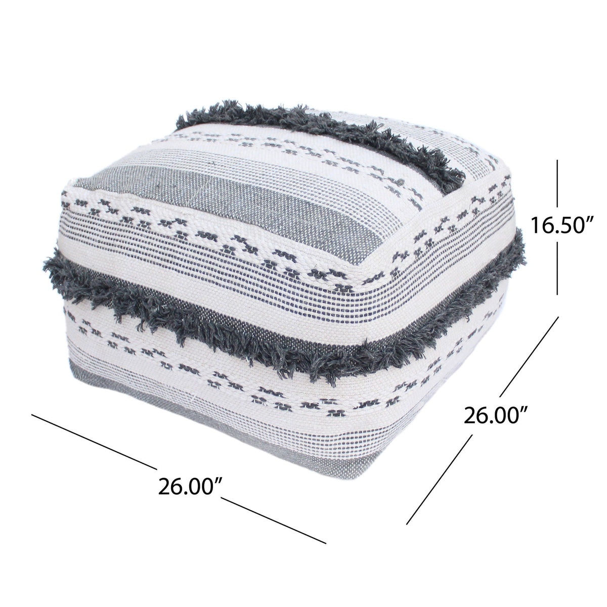 Karim - Faux Yarn Large Pouf, Durable - Ivory / Gray