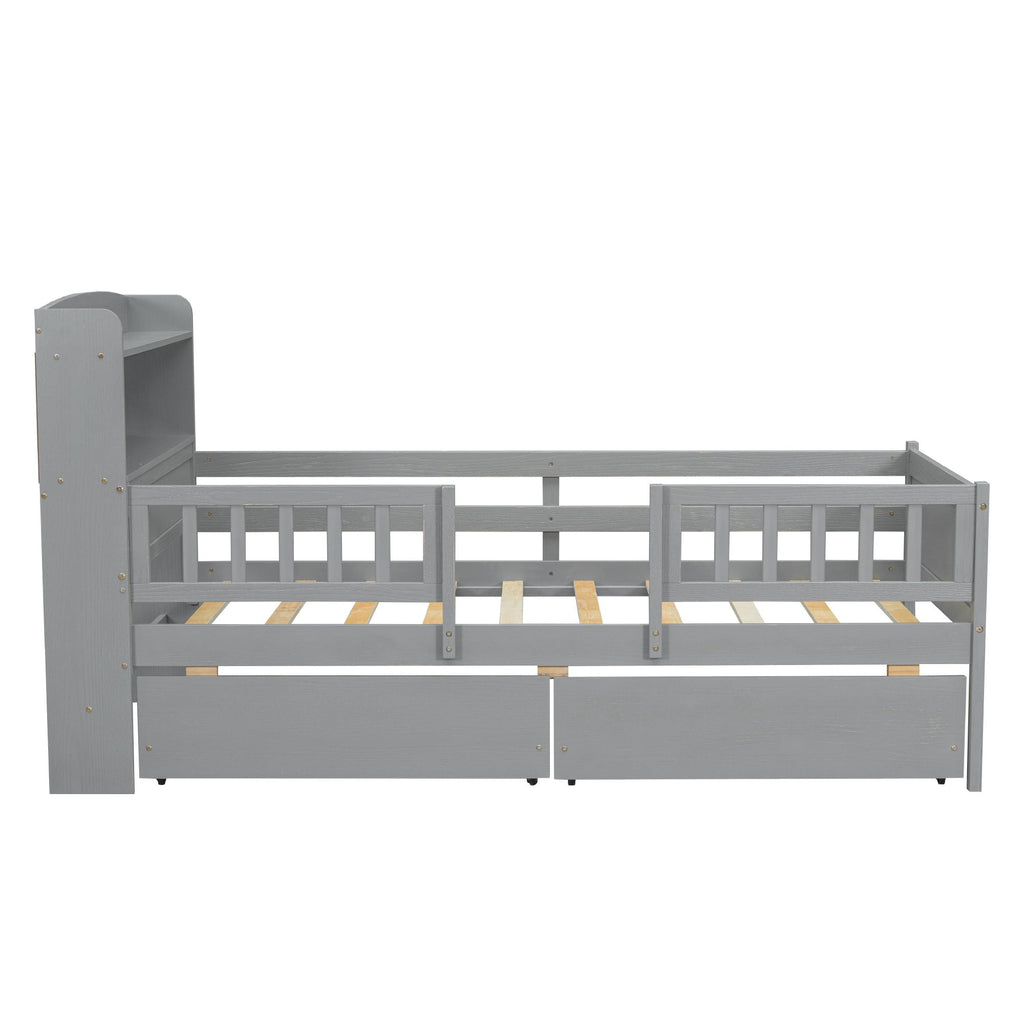 Platform Bed With LED Light, Multi Functional Headboard, Guardrail And 2 Drawers