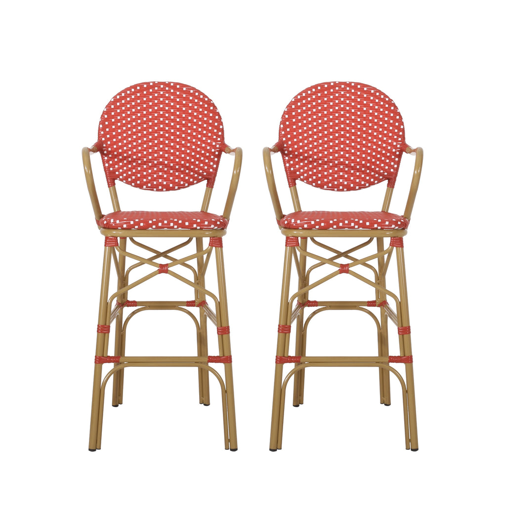 Outdoor Wicker and Aluminum French Barstools, Set of 2