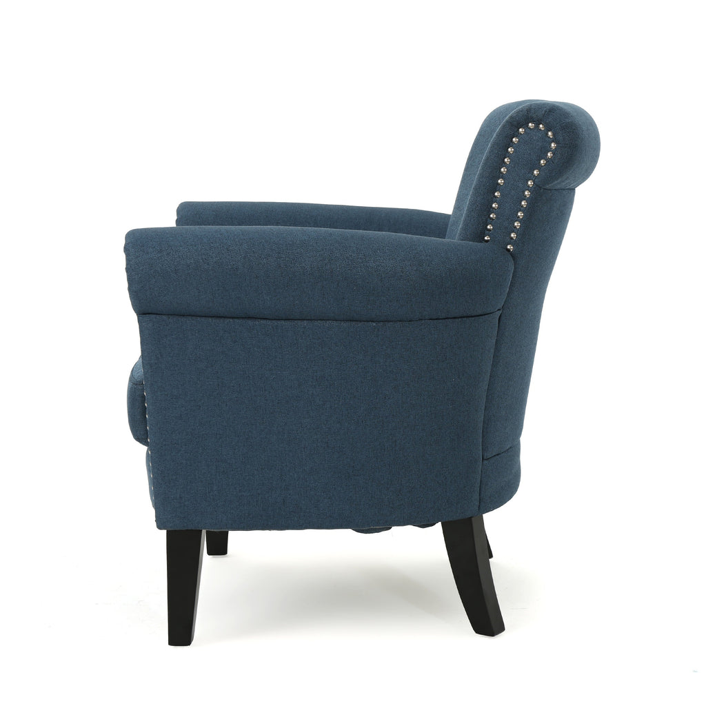 Elegant Navy Blue Fabric Club Chair with Nailhead Trim and Birch Wood Legs