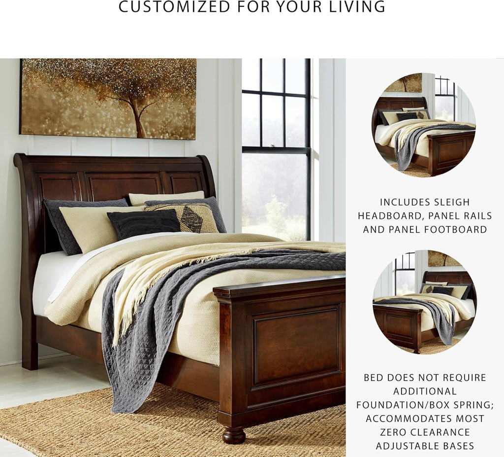 Signature Design by Ashley Porter Traditional Queen Sleigh Bed with Bun Feet, Foundation or Box Spring Needed, Dark Brown