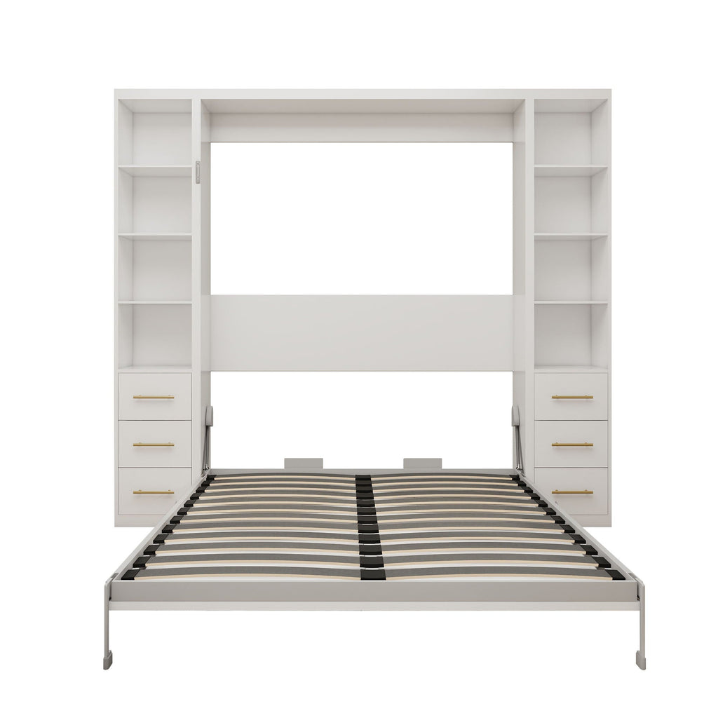 Queen Size Murphy Wall Bed With Side Storage Cabinets - White