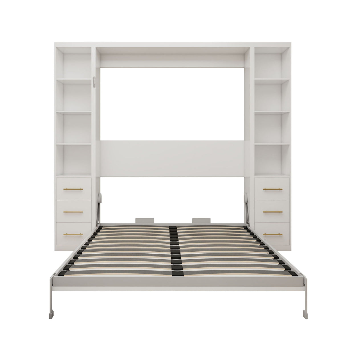 Queen Size Murphy Wall Bed With Side Storage Cabinets - White