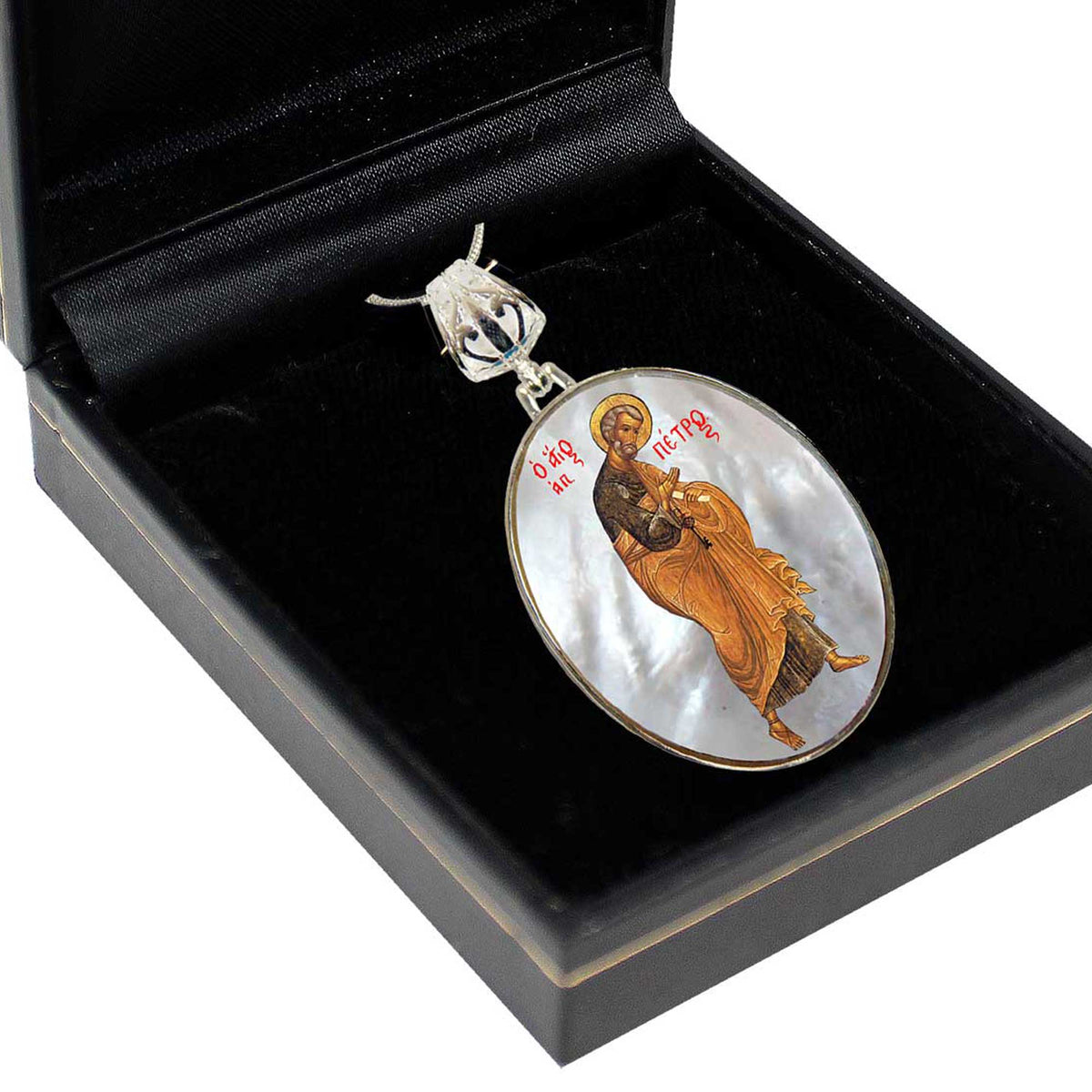 Saint Peter Small Oval Silver-Plated Mother of Pearl Necklace - 43042