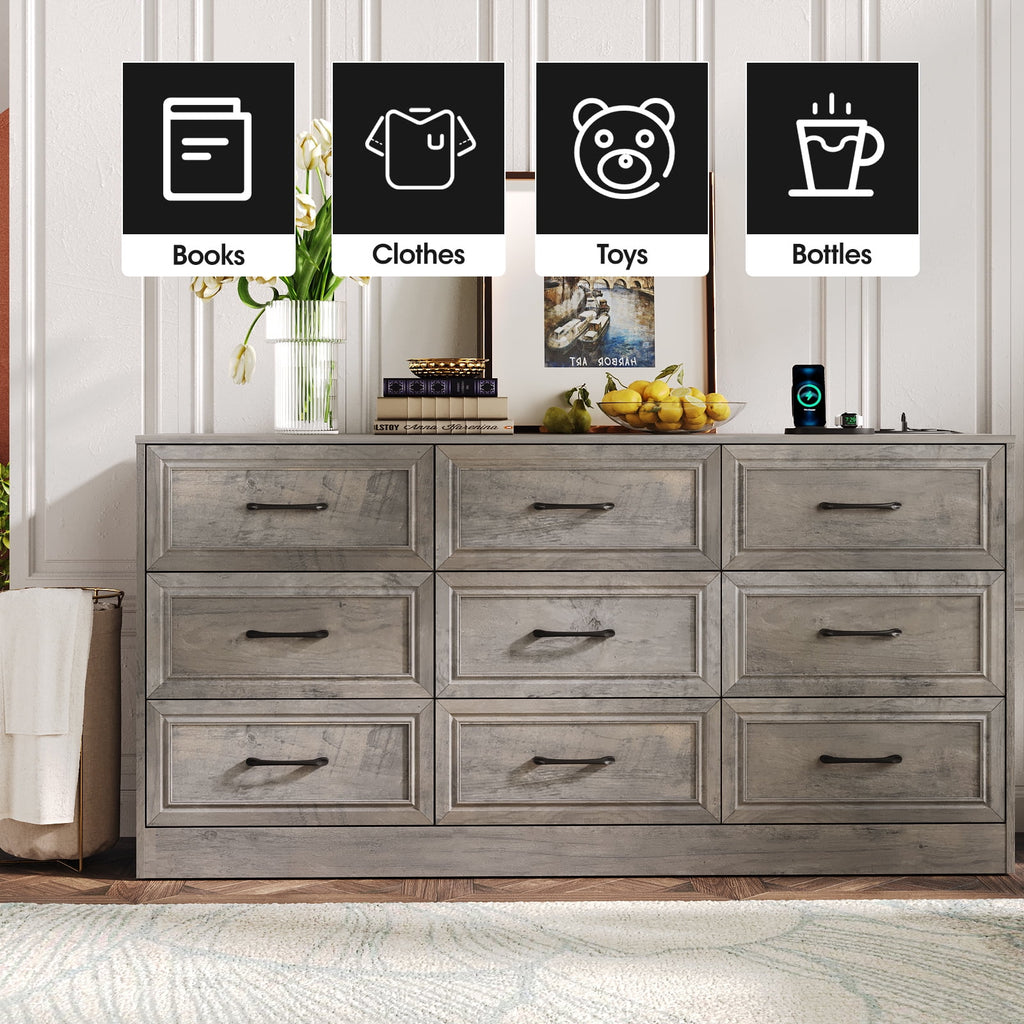 Dresser for Bedroom 9 Drawer Wide Dresser with Charging Station,Grey