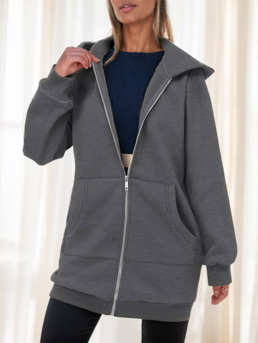 Women's Long Zip-Up Hoodie – Casual Relaxed Fit Sweatshirt