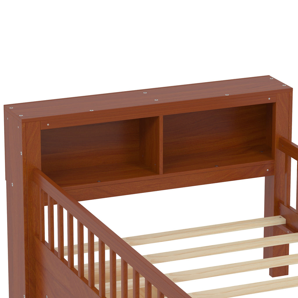 Bed With Headboard Storage Rack, 2 Under Bed Drawers, 3 Side Guardrails For Safety
