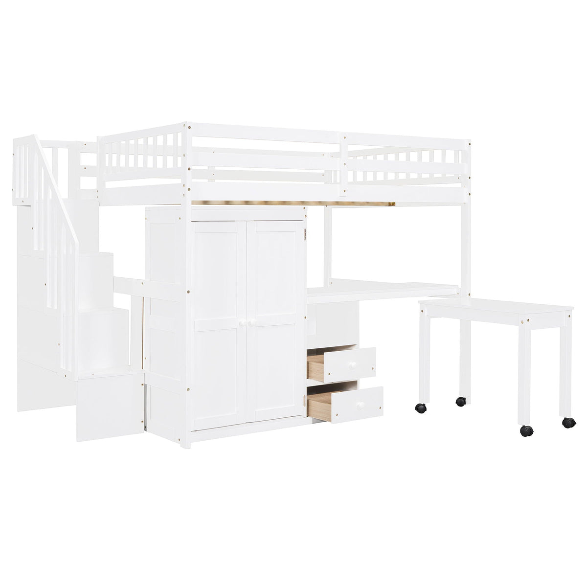 Loft Bed With Stairs, Bookshelf, Drawers, Desk & Wardrobe, Space Saving Multifunctional Furniture
