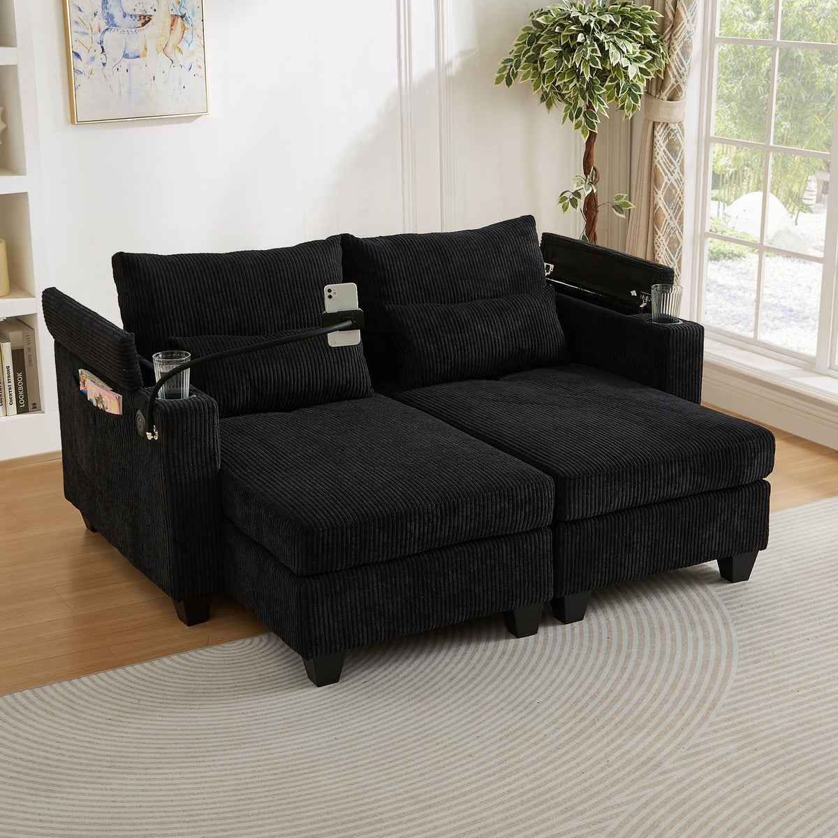 Convertible Chaise Lounge Sofa Chair With USB Ports, Cup Holders, Phone Holder And Storage
