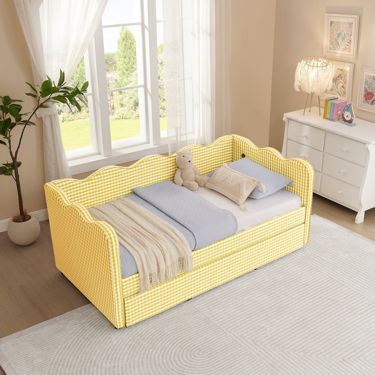 Cozy Gingham Daybed with Trundle Twin Size Sofa Bed