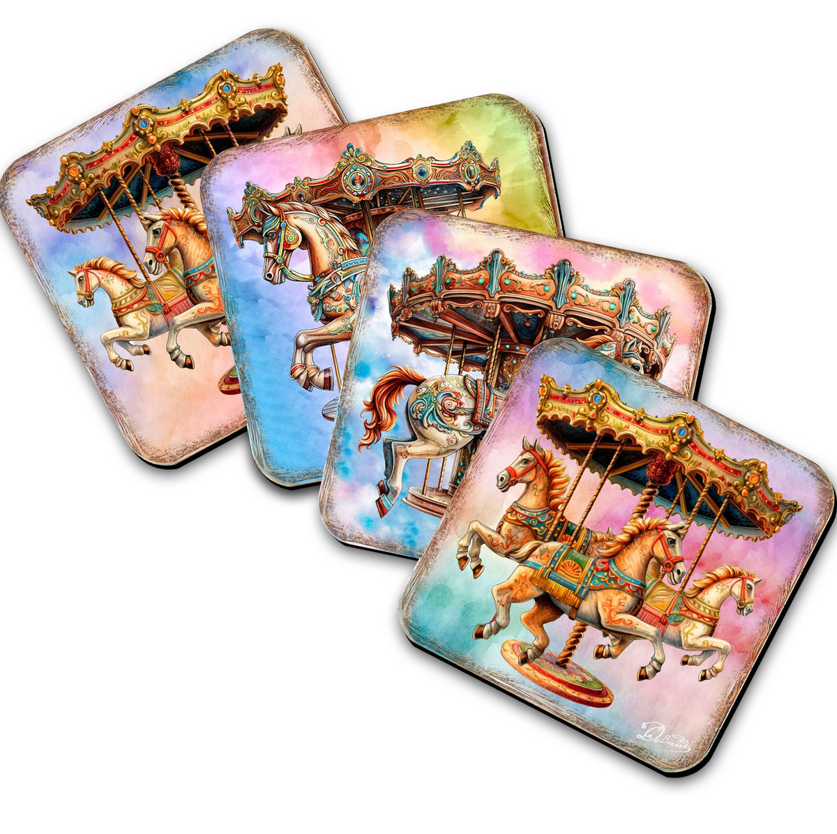 Carousel Horses Wooden Cork Coasters Gift Set of 4 by G. Debrekht - Christmas Decor  - 8199439C-S4