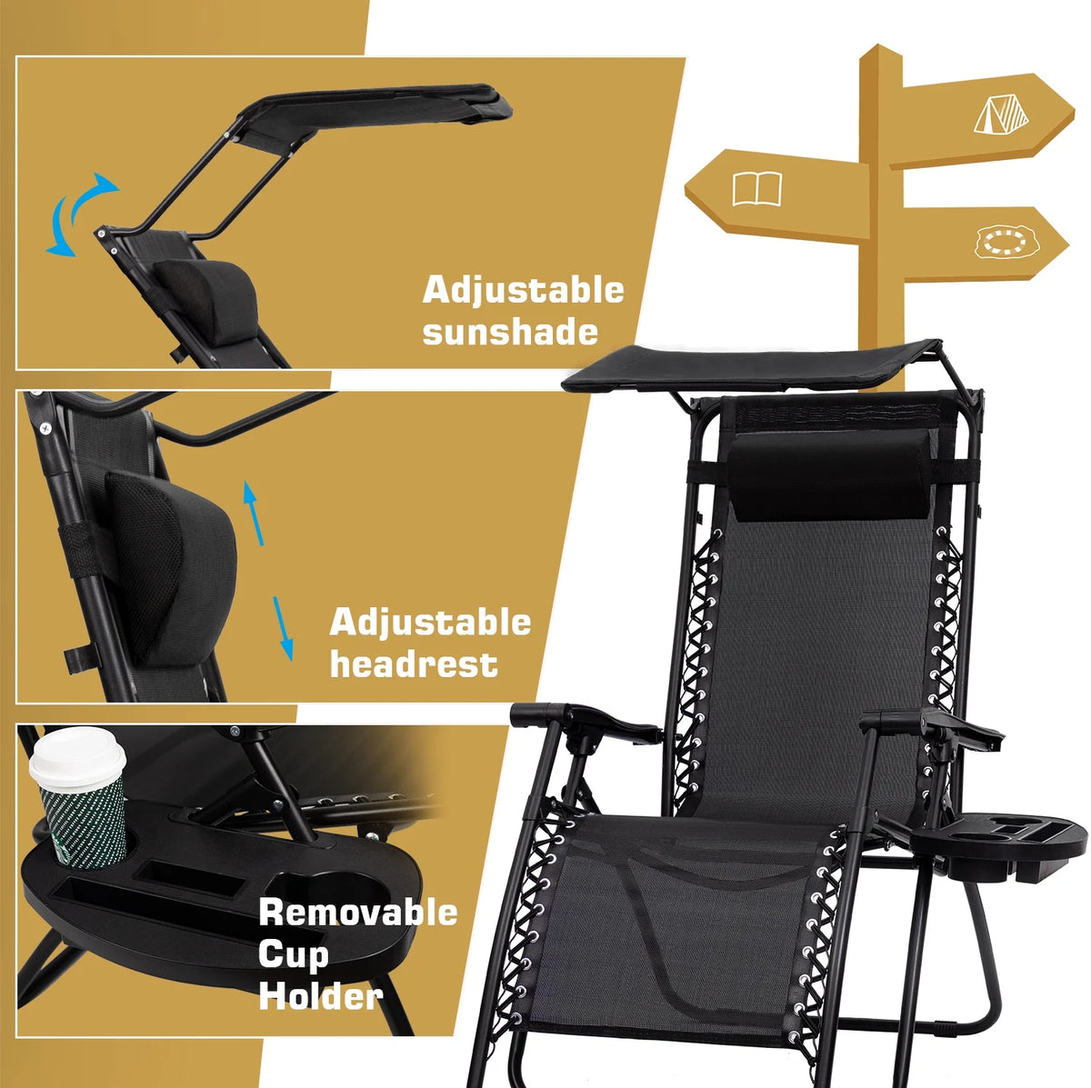 Zero Gravity Chair Outdoor Folding Recliner Lounge Chair with Attachable Sunshade Canopy and Holder,Black