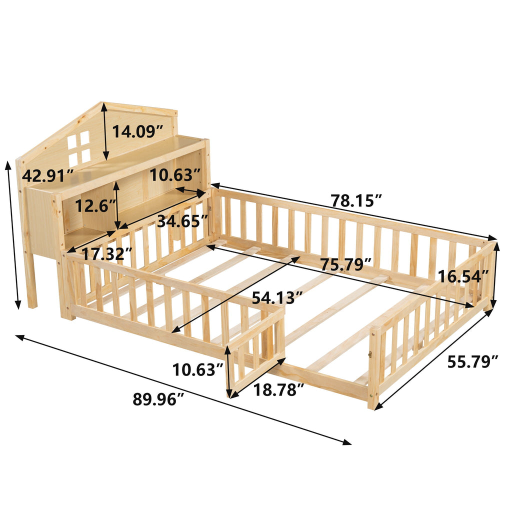 Full Size Montessori Floor Bed With Bookcases And boards, Solid Wood Platform Bed With Guard Rails And Storage Headboards - Natural