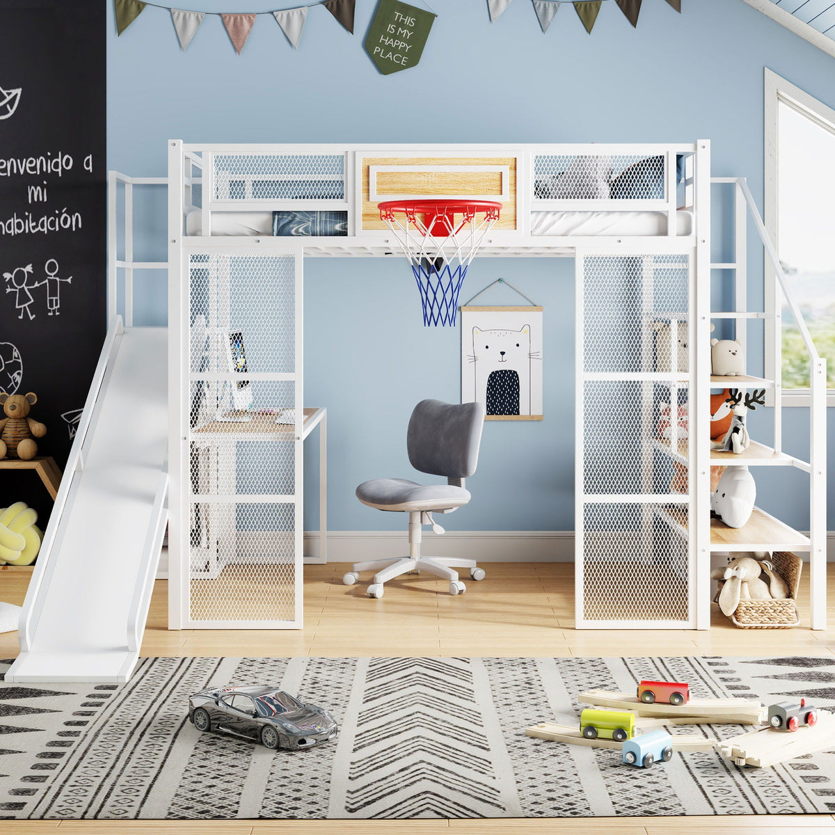 Loft Bed With Built In Desk, Open Wardrobe, Basketball Hoop, Slide And Staircase