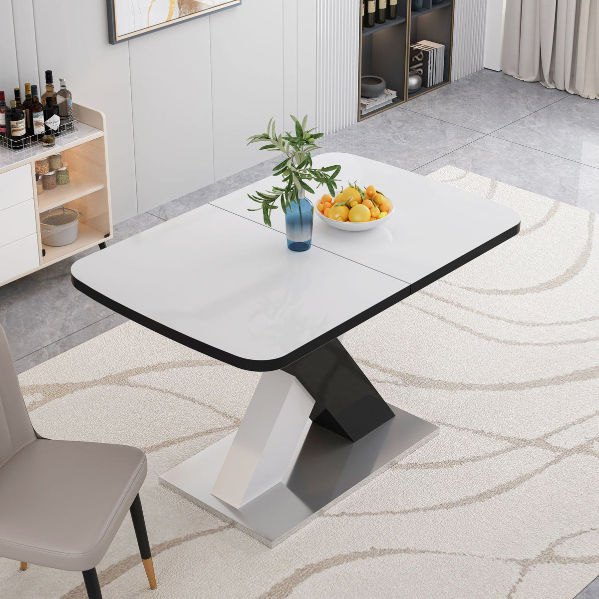 Rectangle Dining Table, Stretchable, Table Top With X Shape And Legs And Base - White / Black