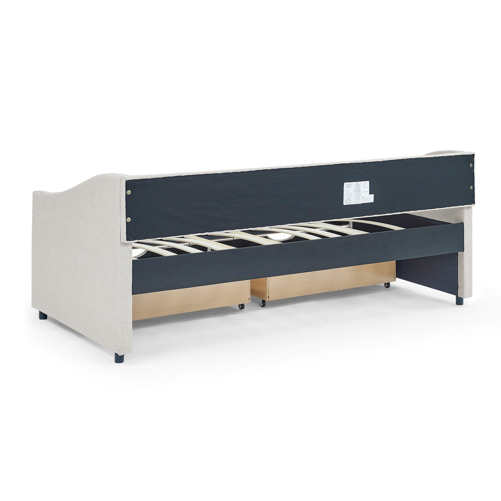 Upholstered Tufted Daybed With 2 Drawers, Waved Arms