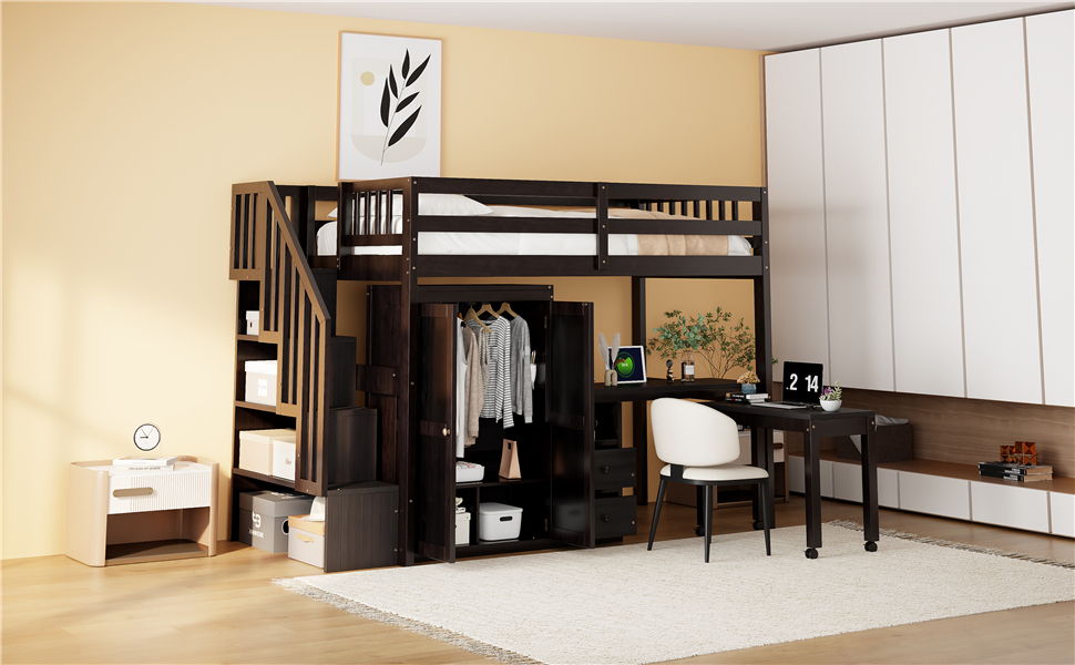 Loft Bed With Stairs, Bookshelf, Drawers, Desk & Wardrobe, Space Saving Multifunctional Furniture