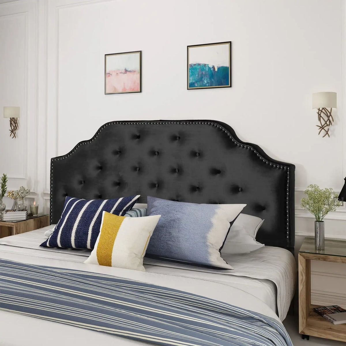 Charismatic Queen Size Headboard with Button Tufting and Nailhead Trim