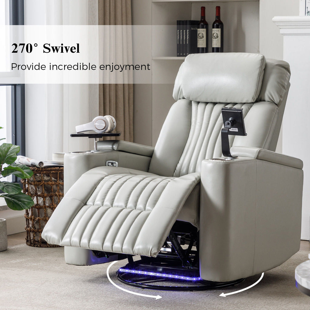 270° Power Swivel Recliner Home Theater Chair With Hidden Arm Storage, LED Light, Cup Holder, And Tray Table