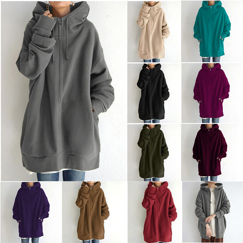 Women's Oversized Hooded Zip-Up Sweatshirt Coat – Velvet-Lined, Long Sleeve
