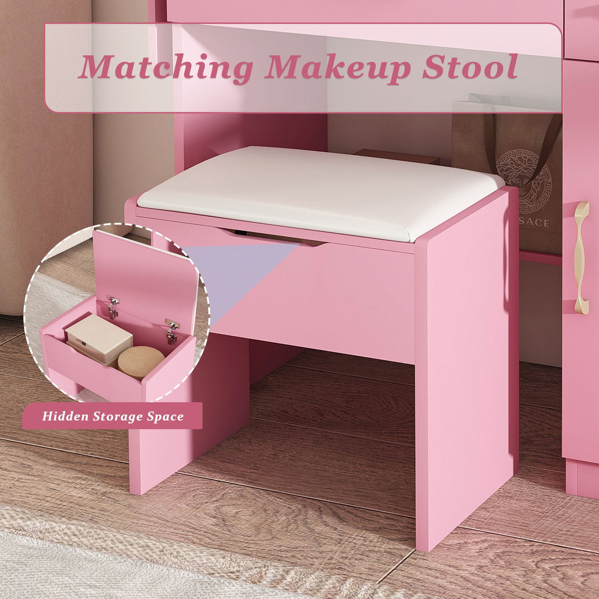 Vanity Desk With LED Mirror Lights And Power Outlet Charging Station, 3 Drawers, 7 Shelves, Storage Stool - Pink