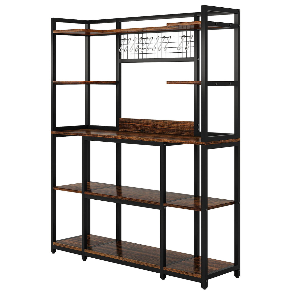 Baker's Rack With Hutch, 5 Tier Kitchen Storage Shelf, Freestanding Utility Pantry Organizer With Hooks And Microwave Stand - Black
