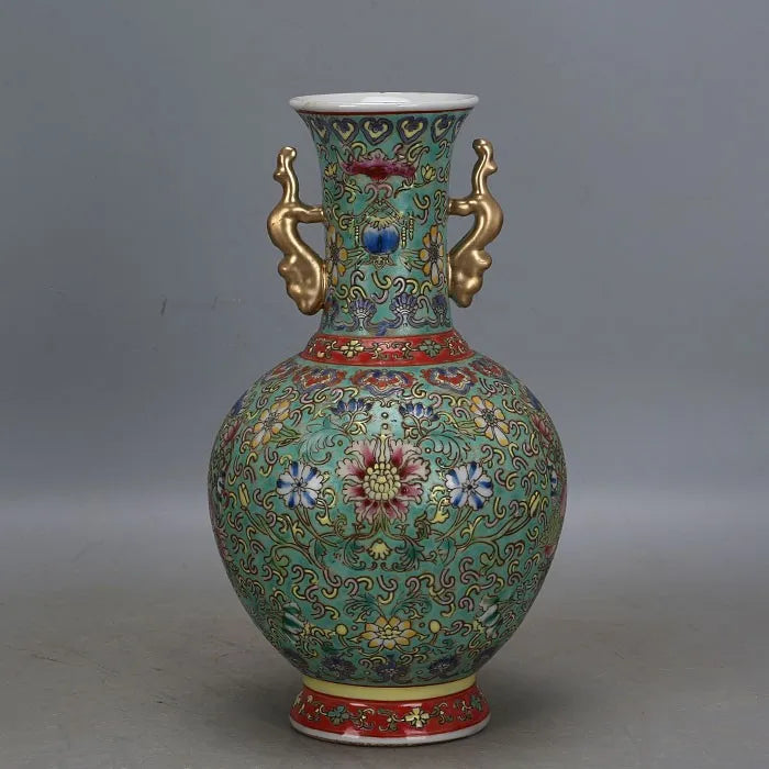 Qianlong‑Style Powder Enamel Vase – Hand‑Painted Flowers with Golden Handles