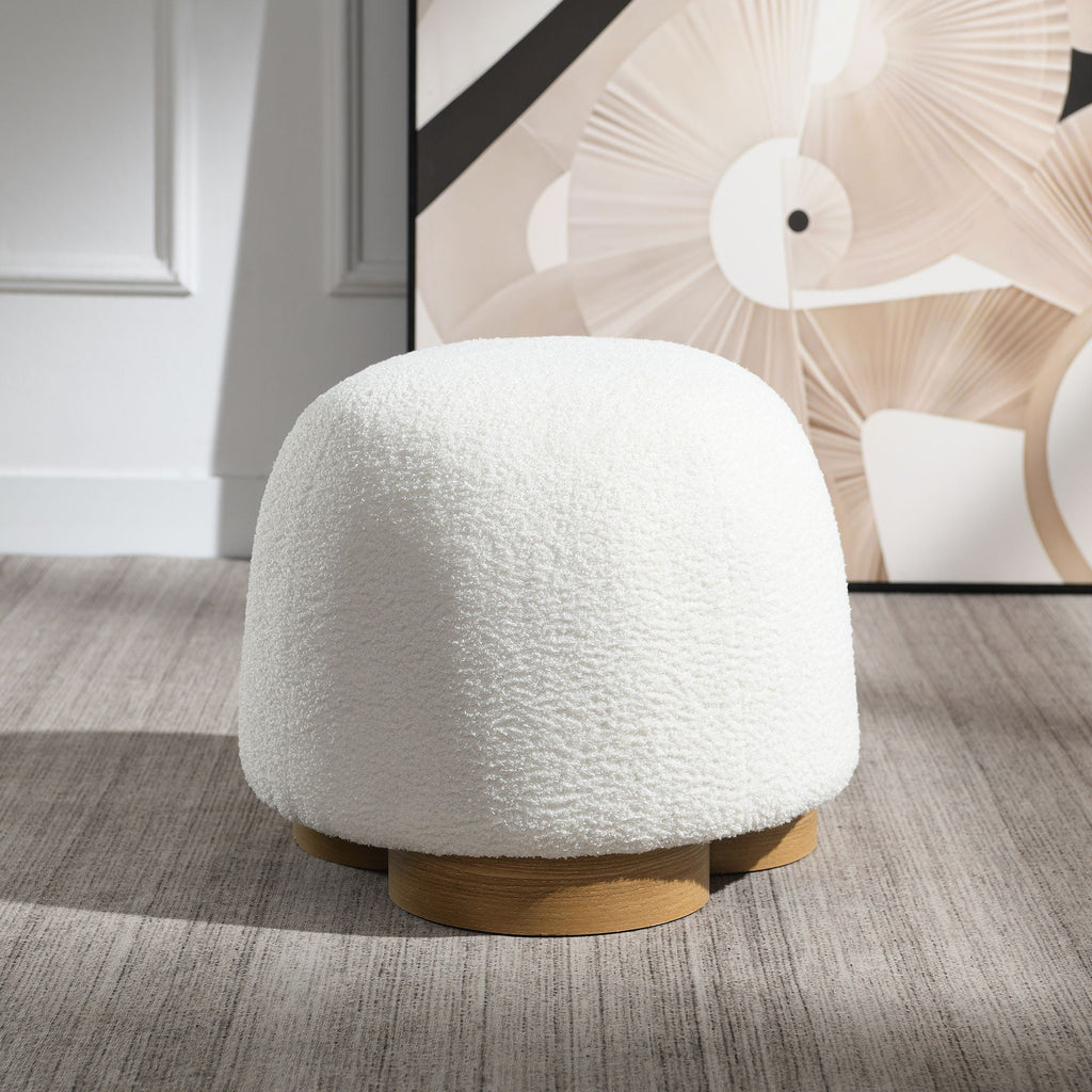 Round Soft Teddy Fabric Upholstered Ottoman With Metal Accents