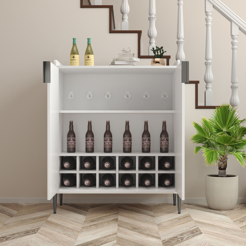 2 Door Wine Bar Cabinet With Adjustable Shelf, Soft-Closing Hinges, And High Feet - White