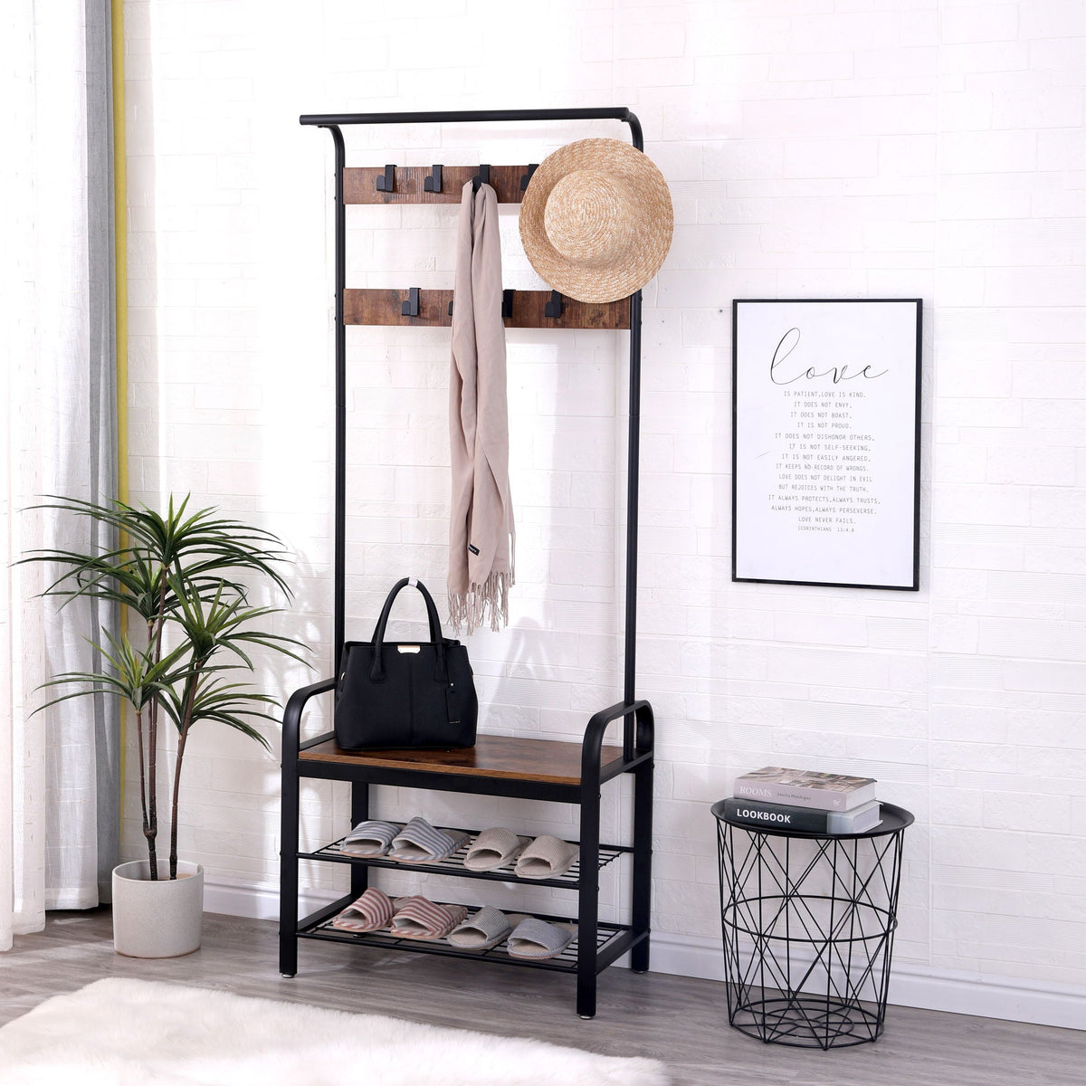 Hall Tree With Shoe Bench For Entryway With 9 Removable Hooks