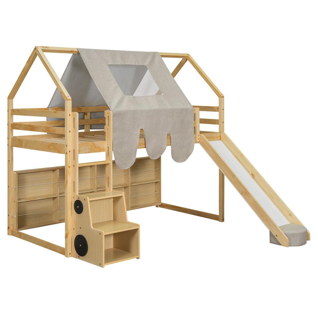 Loft Bed With House Shaped Frame And Tent