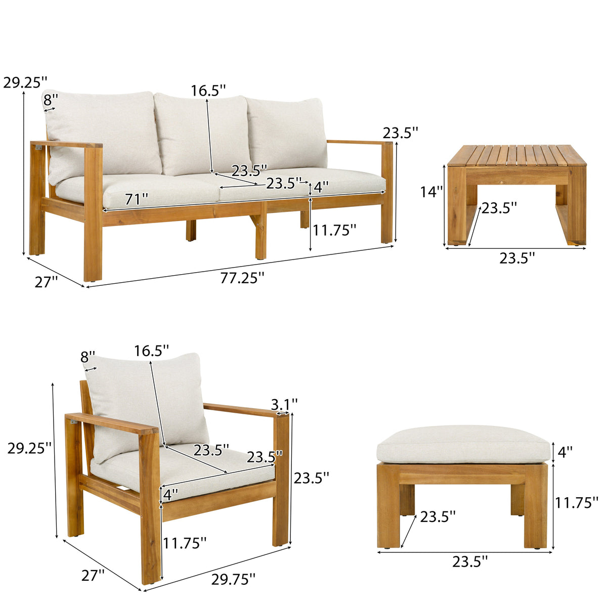 Outdoor 4pcs Acacia Sectional Patio Sofa Set