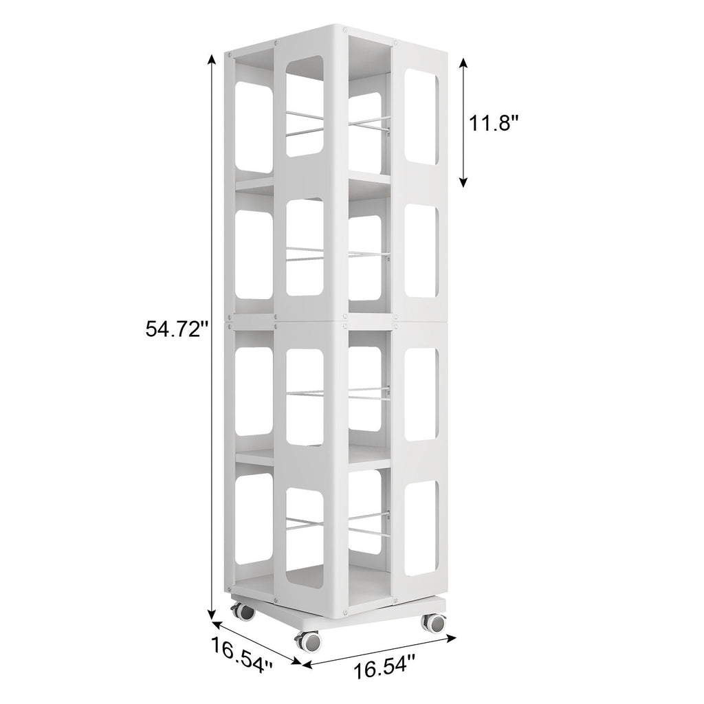 4 Tier All Steel Rotating Bookshelf With 360° Wheels, Large Size Sturdy & Spacious Book Rack, New Style Bookshelf - White