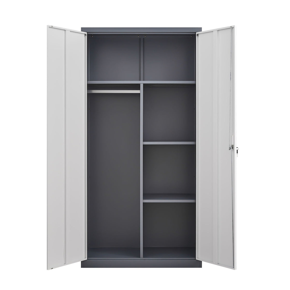 Wardrobe With Hanging Rod And Compartments, Lockable Closet With Locks & Keys For Bedroom - Gray