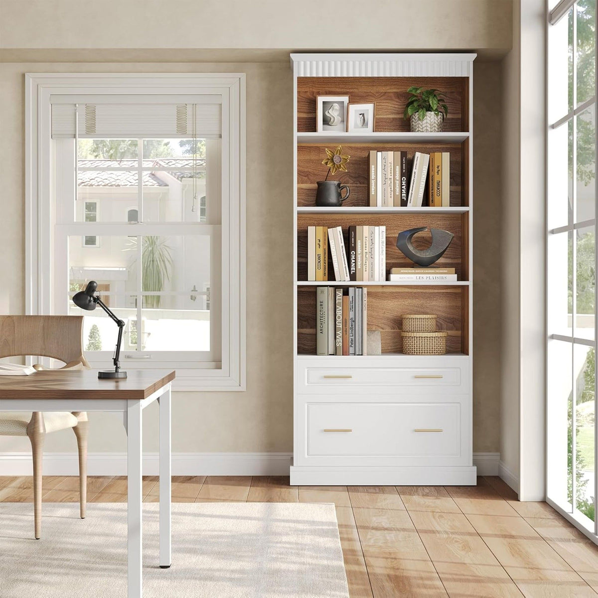 5 Tier White Bookcase With 2 Drawers Storage Organizer For Living Room - White