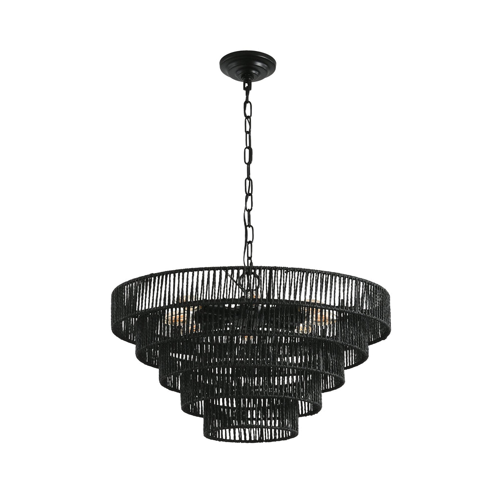 24' Rustic 5-Tier Black Hemp Rope Pendant Light Chandelier
