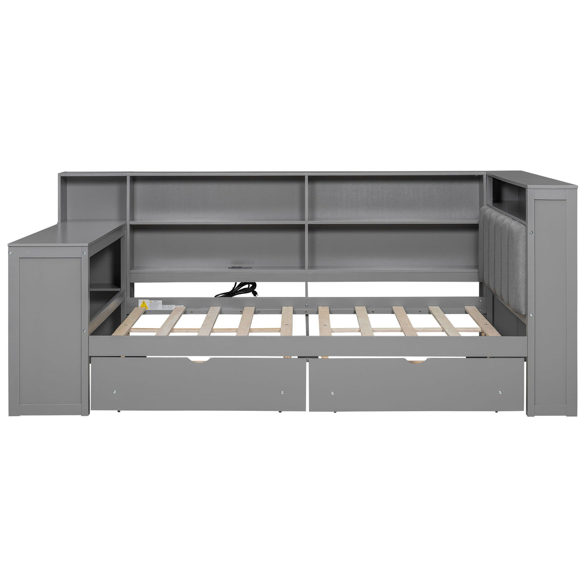 Platform Bed With Upholstered Headboard, Storage Shelves, Drawers, Charging Station, LED Lighting, Built In Desk