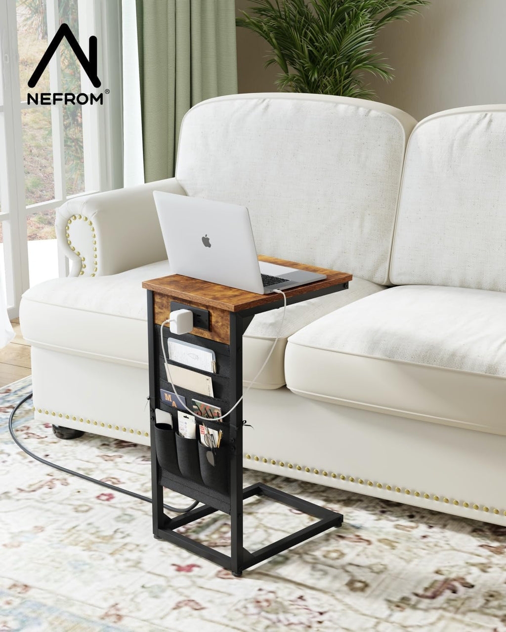 C-Shaped End Tables Set of 2, Small Couch Side Table with Fast-Charging Station, Sofa TV Tray Table with Storage Bag for Living Room, Bedroom, Bedside ET-BR-2