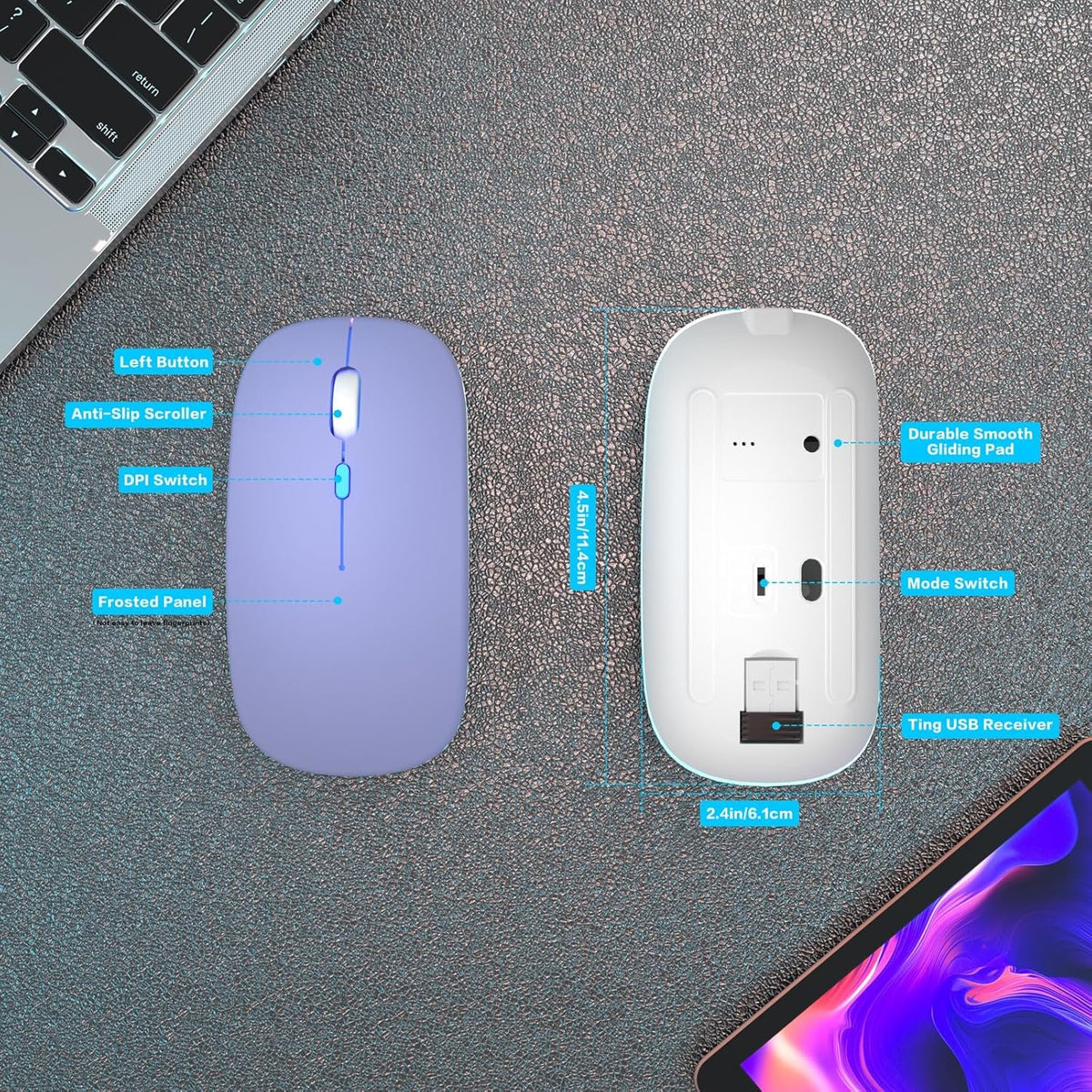 Wireless Bluetooth Mouse, Rechargeable, Dual Mode Bluetooth 5.2 & 2.4G USB, LED Lights, Slim, Silent, Portable Computer Mouse for Laptop, PC, Macbook, Ipad, Tablet (Purple)