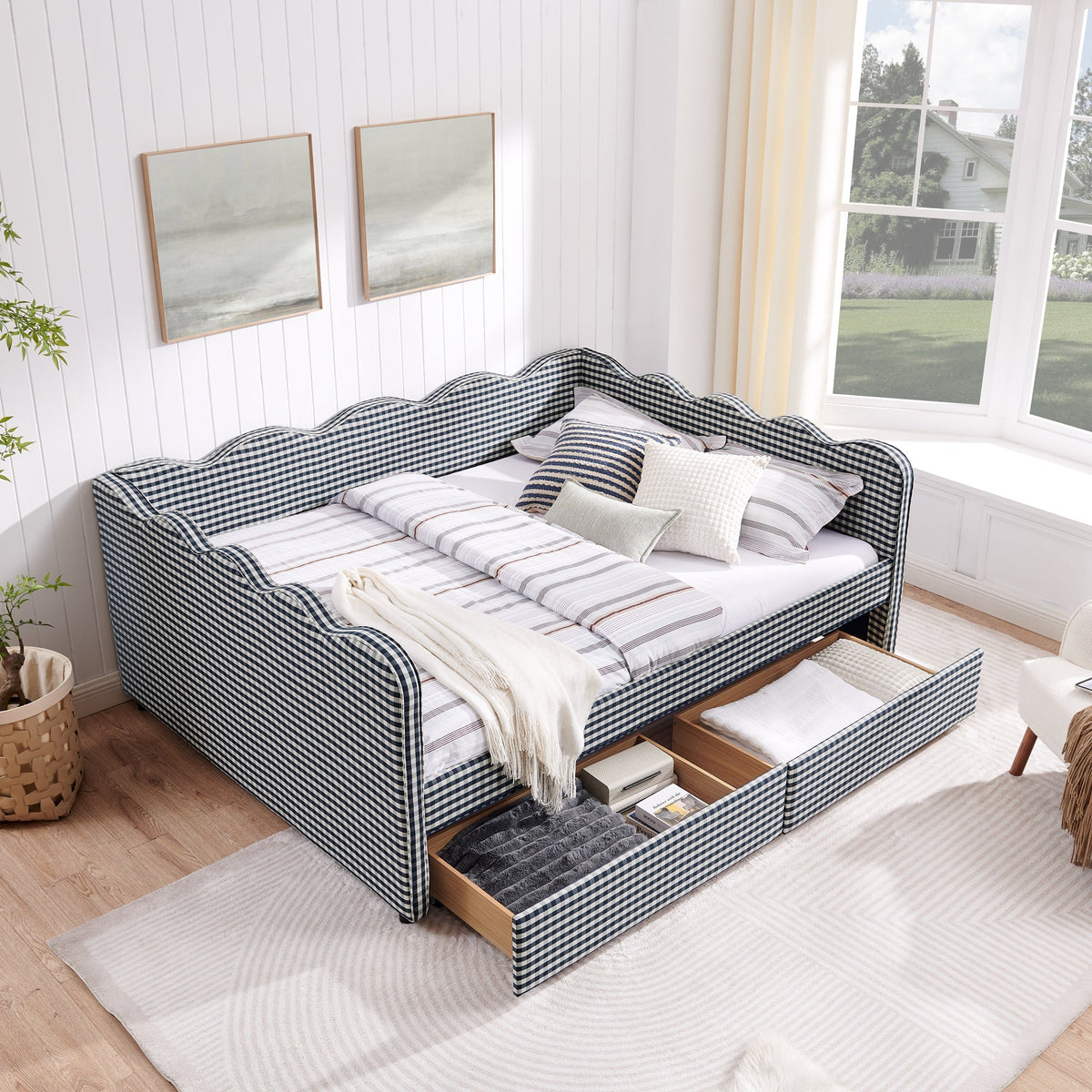 Queen Size Cozy Gingham Daybed with Two Storage Drawers and USB Port