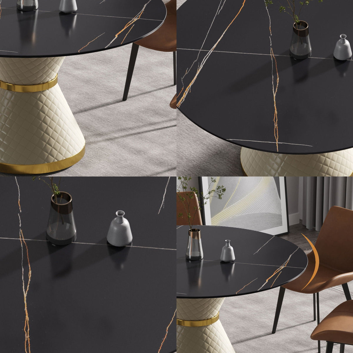 53.15" Modern Artificial Stone Round Carbon Steel Base Dining Table, Can Accommodate 6 People - Black / White