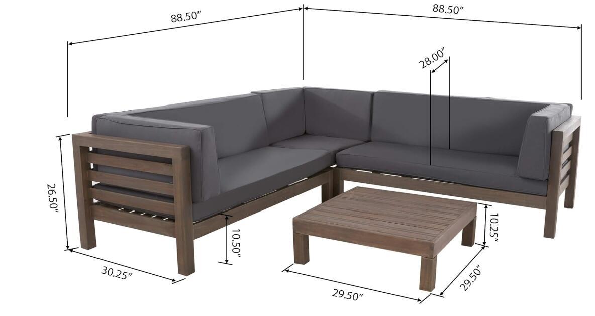 Oana Outdoor Wooden Sectional Set with Cushions, Dark Grey