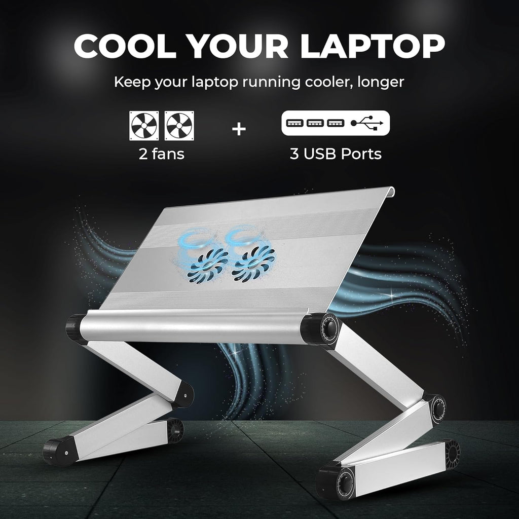 Workez Cooling Adjustable Laptop Stand for Desk W/Fan USB Ports Mouse Pad Ergonomic Foldable Laptop Stand Riser Portable Computer Holder, Silver