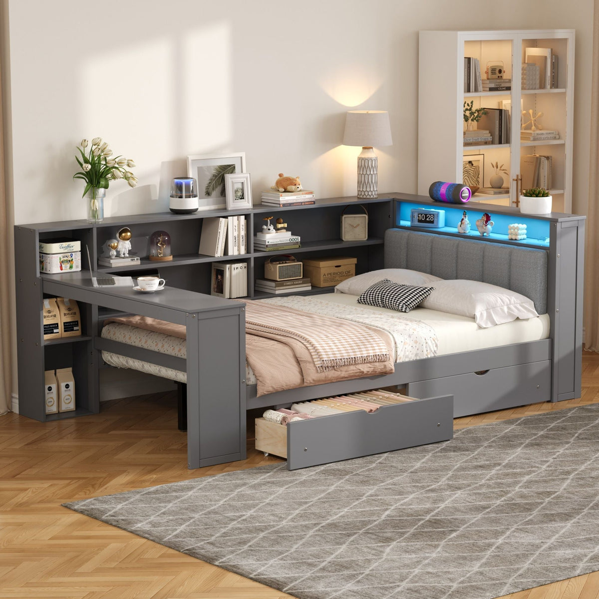 Platform Bed With Storage Shelves, Drawers, Charging Station, LED, Desk