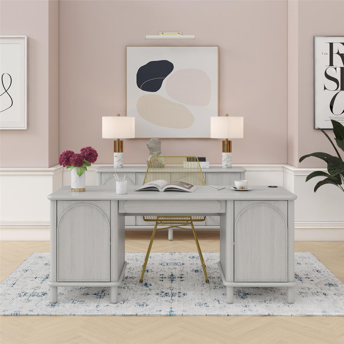 Selena - Double Pedestal Desk - Rustic White