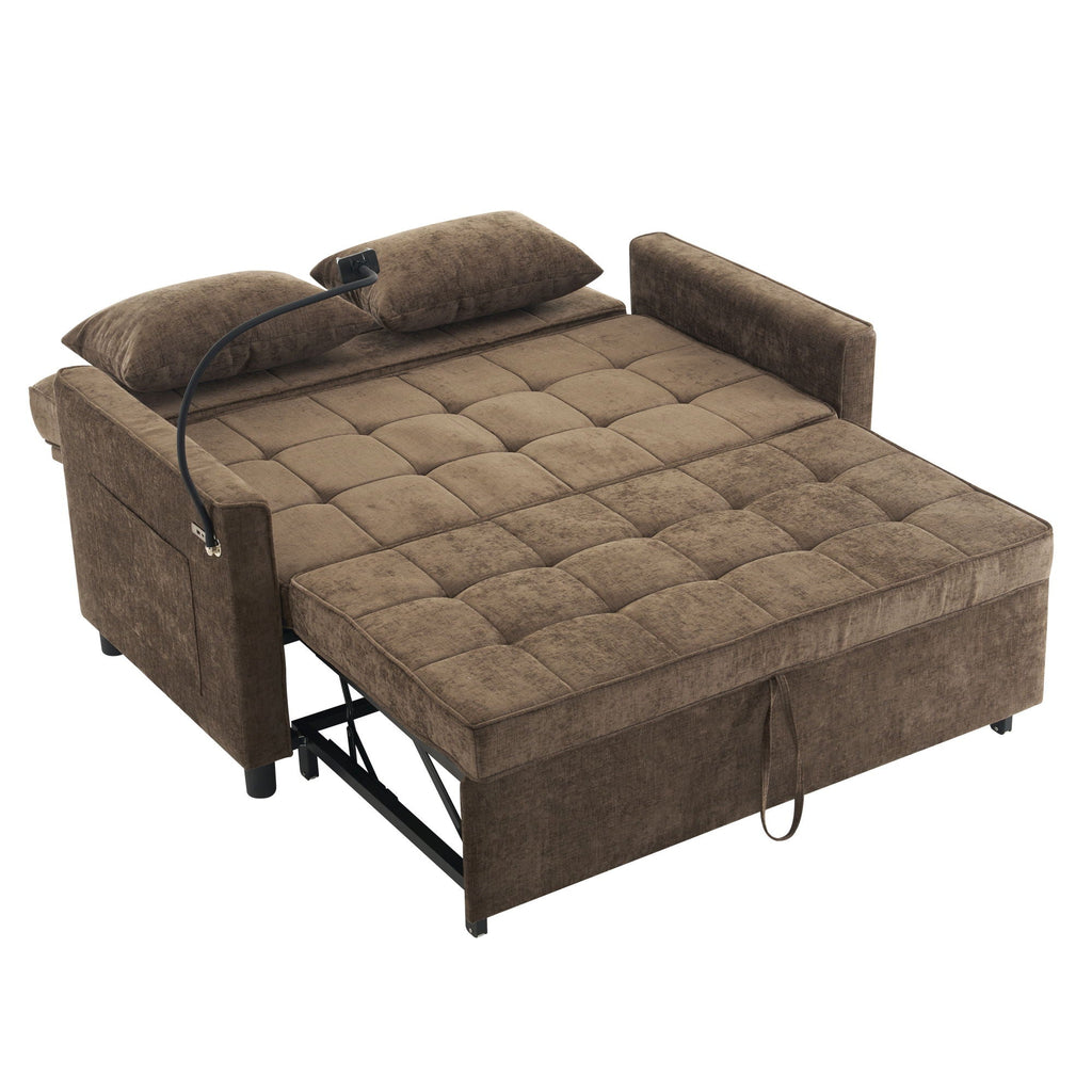 Pull-Out Sleeper Sofa With Reversible Backrest Cushion, Side Pockets, 2 USB Ports And A Phone Holder For Living Room