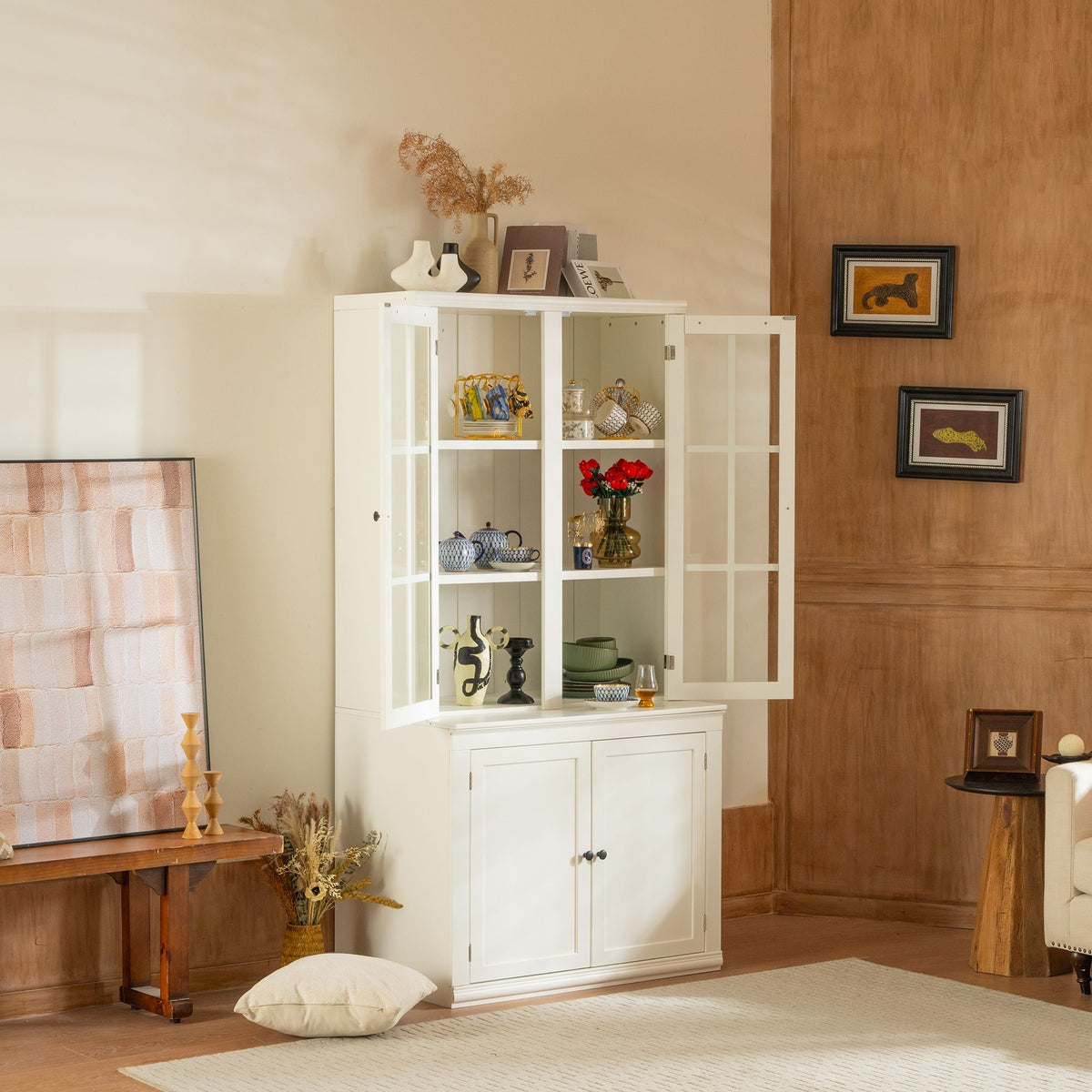 Retro Style Hutch Cabinet With Glass Door, China Cabinet For Home