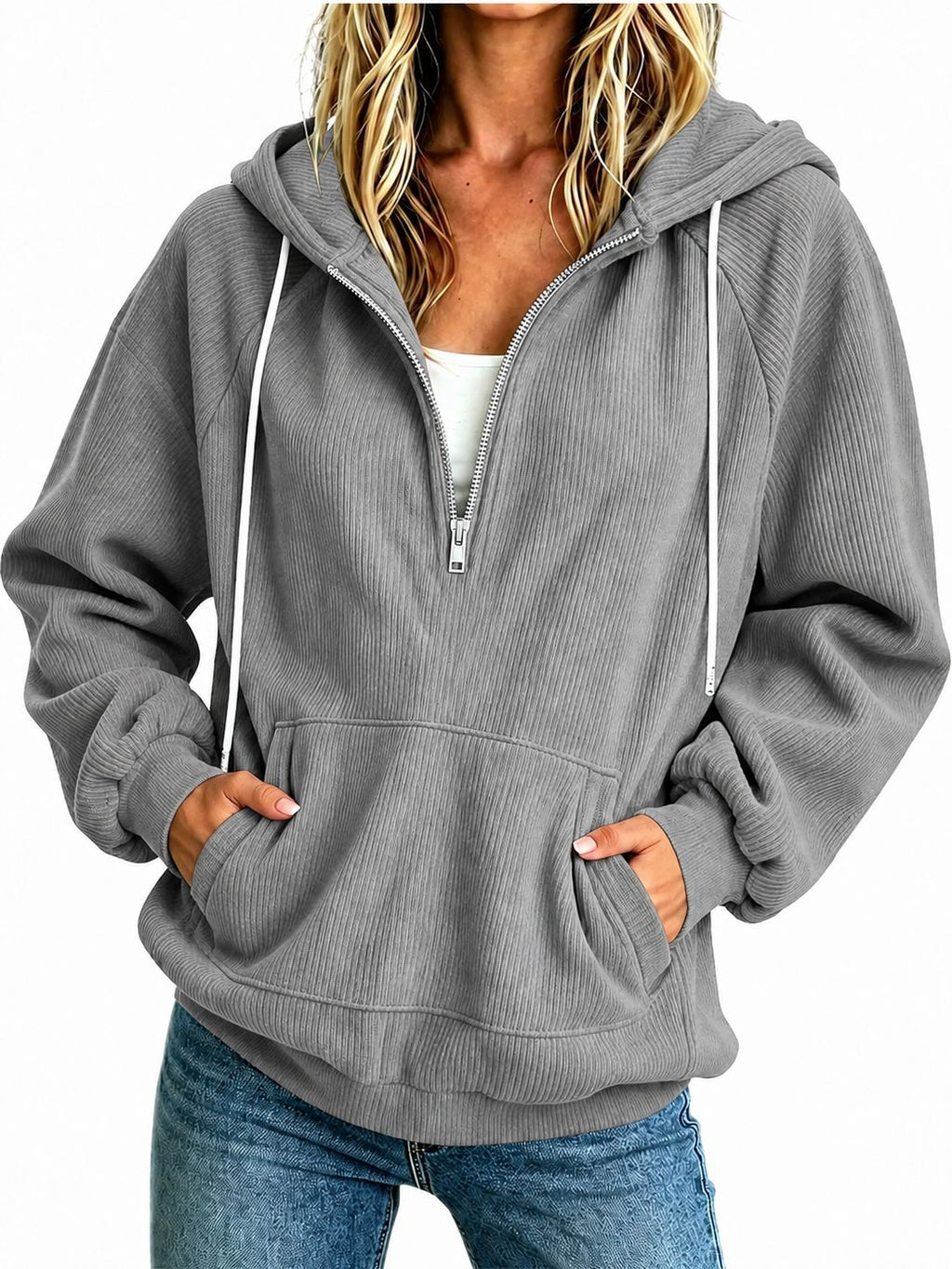 2026 Autumn New European And American Women's Half Zipper Hoodie Loose Long Sleeve Drawstring Casual Top