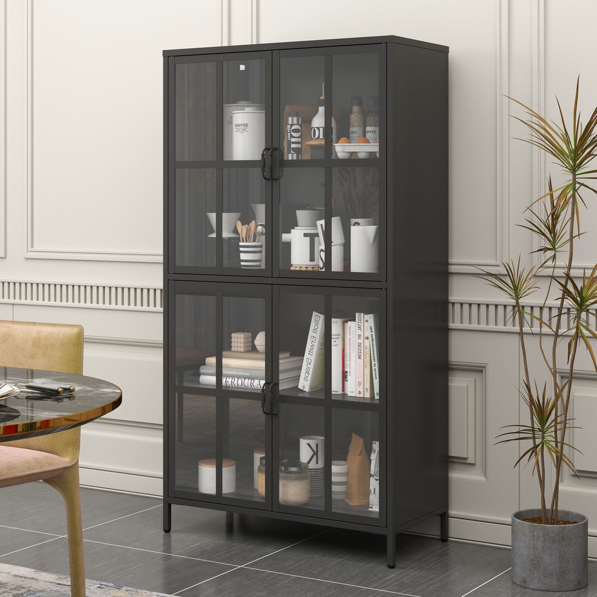 Premium Metal Storage Cabinet With Tempered Glass Doors, Adjustable Shelves, And Anti Tipping Device - Black
