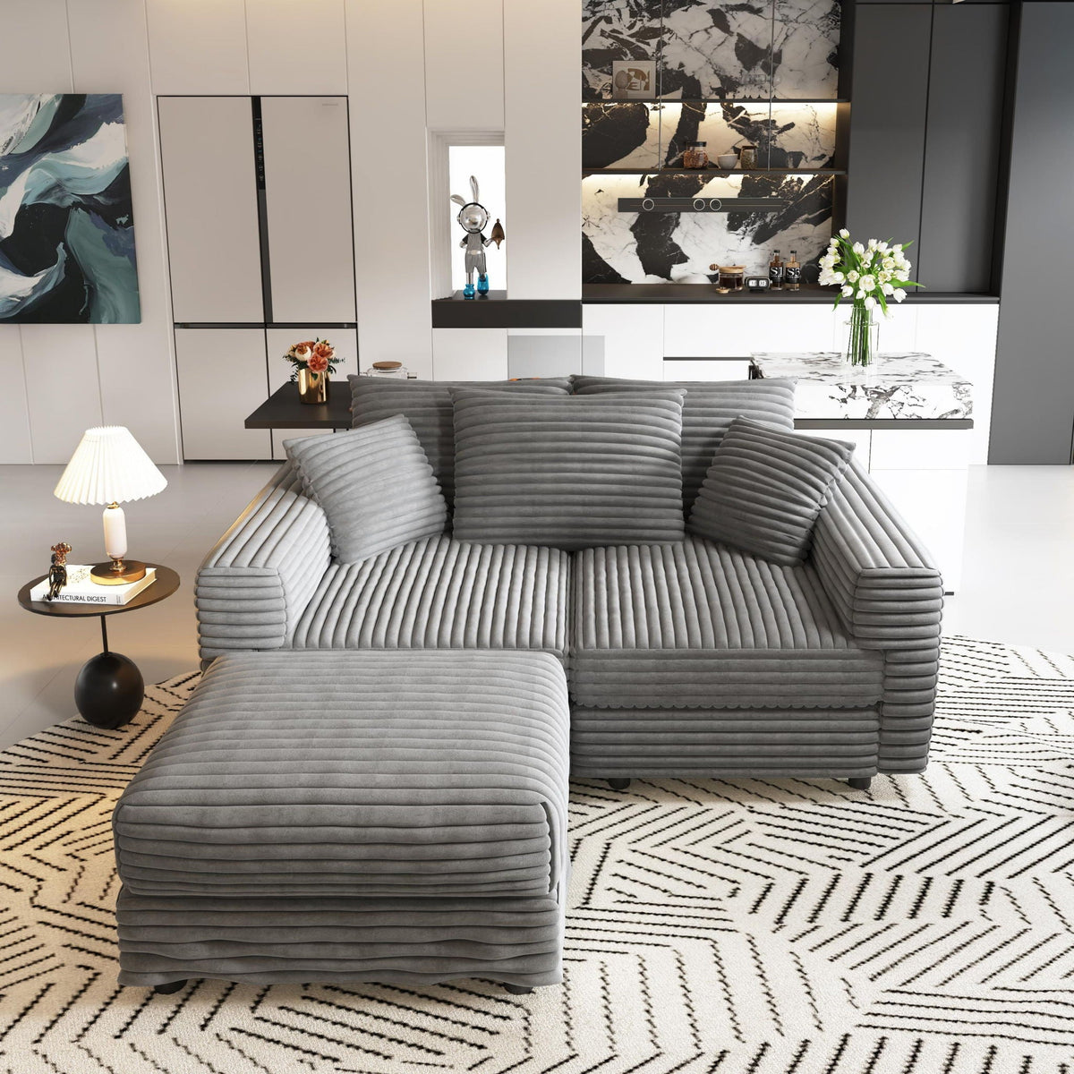 Convertible Deep Seat Sofa With Soft Pillows And Ottomans